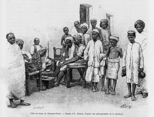 Cafe på Steamer Point Bazaar, Aden, Yemen. Gravering af A.Rixens for at illustrere historien A Suse, journal des excavilles