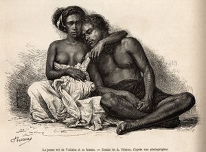 Den unge konge af Vaitatu, på øen Tauata, i øgruppen Marquises-øerne, omgiver sig til sin hustrus arme, indgraveret efter en tegning af A.Rixens, der illustrerer minderne om Stillehavet, i 1872-1874, af A. Pailhes, et skibs