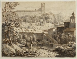 En kunstner, der skitserer langs en flodbred, under en italiensk by, ca. 1780 (blæk og vask på lagt papir, spor af sort kridt) af Jean Antoine Constantin