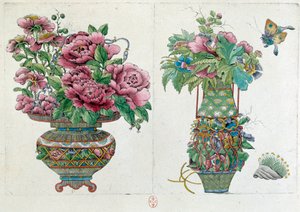 Tegning fra en kinesisk vase: urtepotte. Maleri af Jean Antoine Fraisse (1700-tallet)