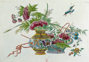 Blomster i en vase. Tegningen kommer fra en kinesisk vase. Maleri af Jean Antoine Fraisse (1700-tallet)