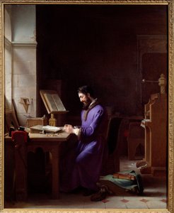 Johannes Gensfleisch Gutenberg (1400-1468) opfinder trykkeriet Den tyske trykkeri er en repræsentant, der håndterer karakterer på sit kontor. Maleri af Jean Antoine Laurent (1763-1832) 1830 Grenoble, Musee des Beaux Arts