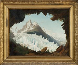 Udsigt over Alperne taget fra hvælvingen kaldet Chapeau of the Woods Glacier (olie på lærred)