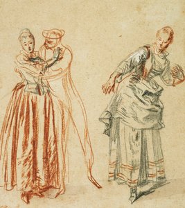 En scene fra commedia dell"arte: En pige, der modsætter sig en komikers fremskridt, og en skuespillerinde, der udfører et skridt, ca. 1718 af Jean Antoine Watteau