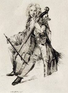 Cellospiller, af Jean Antoine Watteau (1684-1721), gravering, Frankrig af Jean Antoine Watteau