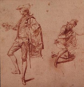 Tegning af en ung mand stående og en anden knælende (farveblyant) af Jean Antoine Watteau
