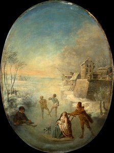 Gentlefolk on the Ice ved en befæstet by om vinteren (olie) af Jean Antoine Watteau
