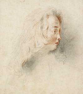 Hoved af en dreng i profil (sort og rødt kridt på plettet råhvidt papir) af Jean Antoine Watteau