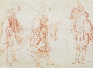 Italienske skuespillere (rødt kridt på papir) af Jean Antoine Watteau