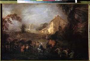 Krigens byrde. Maleri af Jean Antoine Watteau (1684-1721). Olie på kobber, 21,5 x 33,5 cm, ca. 1713. Fransk kunst, Rokokokunst. Eremitagemuseet, Sankt Petersborg. af Jean Antoine Watteau