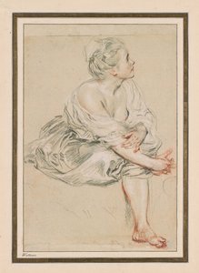 Siddende ung kvinde, ca. 1716 (sort, rød og hvid kridt på papir) af Jean Antoine Watteau