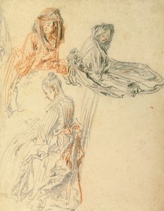 Studier af tre siddende kvinder, ca. 1716-18 (kridt på papir) af Jean Antoine Watteau