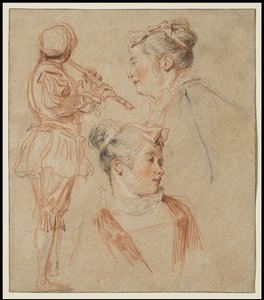 Studier af en fløjtenist og to kvinder, ca. 1717 af Jean Antoine Watteau