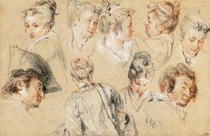 Studie af hoveder af Jean-Antoine Watteau (1684-1721), tegning af Jean Antoine Watteau