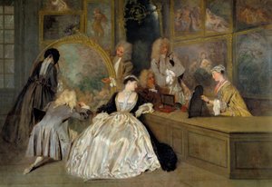 Valget. Den rigtige detalje af tegnet Gersaint. Karakterer i en kunstbutik, der vælger de værker, de vil købe. Edme Francois Gersaint (1694-1750), malerhandler, hvis galleri ligger i Paris på broen Notre-Dame. Maleri af Jean Antoine Watt af Jean Antoine Watteau