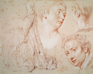 Three Heads and a Seating Woman, ca. 1716 (farveblyant med sort og rød kridt på papir) af Jean Antoine Watteau