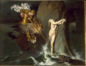 Angelica bliver befriet af Roger (Ruggero, Ruggiero) rider på en flodhest (fra Orlando furioso af Ludovico Ariosto) - olie på lærred af Jean Auguste Dominique Ingres