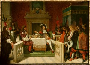 Ludvig XIV og Moliere: Kong Ludvig XIV (1638-1715) og Jean Baptiste Poquelin dit Moliere (1622-1673) til bords foran hofmændene. Maleri af Jean Auguste Dominique Ingres (1780-1867) af Jean Auguste Dominique Ingres