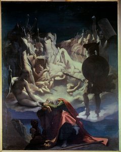 Drømmen om Ossian Illustration af operaen "" Ossian or the Bards"" af Jean Francois (Jean-Francois) Le Sueur (Lesueur) (1760-1837), barden Ossian var en skotsk digter fra det 3. århundrede læst af Napoleon, han er en repræsentant, der sover på en lire, beh af Jean Auguste Dominique Ingres