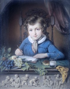 Portræt af en dreng, der sidder i en vinduesniche og iført en blå jakke af Jean Augustin Daiwaille (attributed to)
