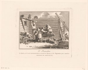 Figurer ved en saksesliber foran et træhus under opførelse Le Remouleur (titel på objekt)