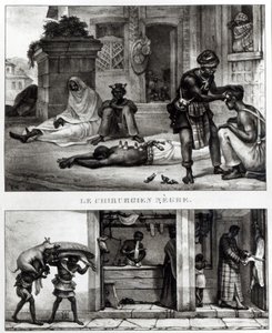 En sort kirurg; Forretning af en svinekødssælger (litho) (s/h foto)
