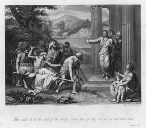 The Palsied Man cured, Matthew IX, 6 (gravering) af Jean Baptiste (after) Jouvenet