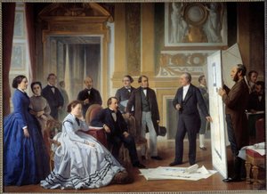 Arkitekten Louis Visconti (1791-1853) præsenterer for Napoleon III planen for det nye Louvre-maleri af Ange Tissier (1814-1876) 1865, olie på lærred
