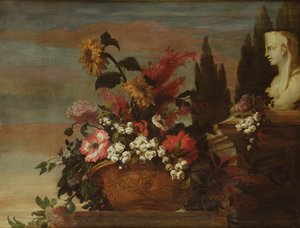 Blomster i et bassin og en sfinx