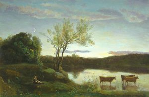 En dam med tre køer og en halvmåne, ca. 1850