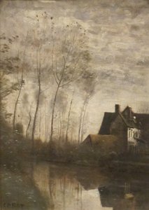 Fransk: Scène de rivière avec maisons et peupliers En flodscene med huse og popler af Jean-Baptiste-Camille Corot