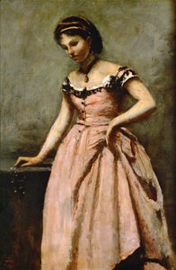 Pige i lyserød kjole med roser og en perle ... af Jean-Baptiste-Camille Corot