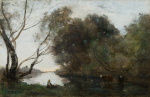 Sø: Nedgående sol, c1820-1860. af Jean Baptiste Camille Corot