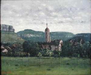 Landskab med kirke (olie på lærred) af Jean Baptiste Camille Corot