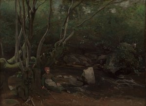 Lormes: Gedepige, der sidder ved siden af en bæk i en skov af Jean Baptiste Camille Corot