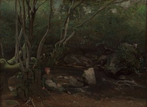 Lormes: Gedepige, der sidder ved siden af en bæk i en skov, 1842. af Jean Baptiste Camille Corot