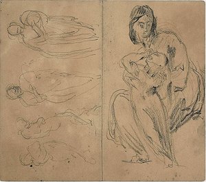Skitser: Fire figurer og siddende mor og barn (recto); siddende mor og barn (verso) af Jean Baptiste Carpeaux