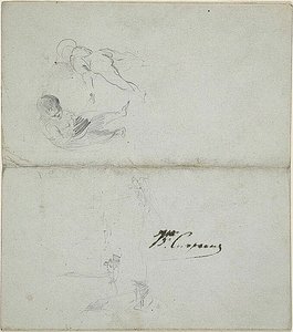 Skitser af to børn, både på havet (recto); skitser af gående mandlig figur med stav og kystscene (verso) af Jean Baptiste Carpeaux
