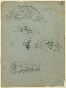 Stående figur i en niche og studier for Ugolino-gruppen (recto); Rødklædt prælat i en skare (verso) af Jean Baptiste Carpeaux