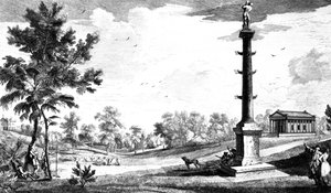 En udsigt fra kapt. Grenvilles monument til det græske tempel, Stowe House Gardens, indgraveret af George Bickham, 1753