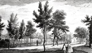 En udsigt over Elysian Fields fra Helicon Spring, Stowe House Gardens, indgraveret af George Bickham, 1753