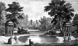 En udsigt over grotten og to skaltempler, Stowe House Gardens, indgraveret af George Bickham, 1753