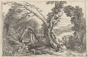 Mand og kvinde graver, tallerken fra "A New Book of Landskips", 1637