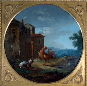 Grisen, katten og musen. Illustration til fabel af Jean de La Fontaine. Maleri af Jean Baptiste Claudot (1733-1805) af Jean Baptiste Claudot