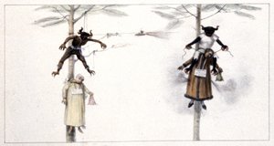 Brasilien: dukke ved billedet af Judas og Djævelen brændt på hellig lørdag 1839 (gravering) af Jean Baptiste Debret