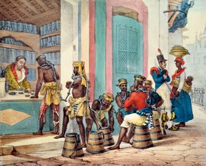 Slaver i lænker køber tobak i en tobaksbutik i Rio de Janeiro af Jean Baptiste Debret