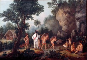 Slaveri; ""slavejagt""" indiske familier (fra Brasilien?) bliver taget af slavehandlere. Maleri af Jean Baptiste Debret (1768-1848). Olie på lærred. Museum of Sao Paulo, Brasilien.