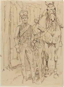En fransk husar leder en hest af Jean Baptiste Edouard Detaille