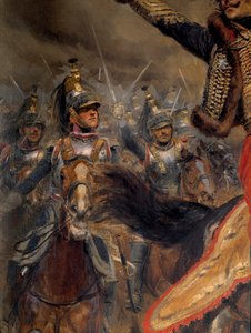 Napoleonskrigen: "" Den sidste anklage mod general Antoine Charles Earl of Lasalle (1775-1809), dræbt ved Wagram den 6. juli af Jean Baptiste Edouard Detaille