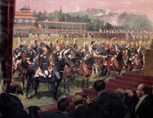 Uddeling af flag i Longchamp af præsident Jules Grevy i nærværelse af Leon Gambetta den 14. juli af Jean Baptiste Edouard Detaille